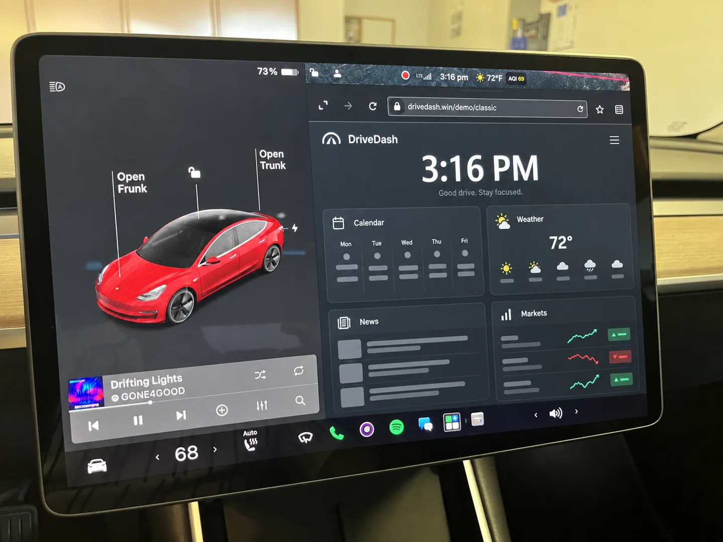 A privacy-safe DriveDash example displayed beside vehicle controls on a Tesla center screen